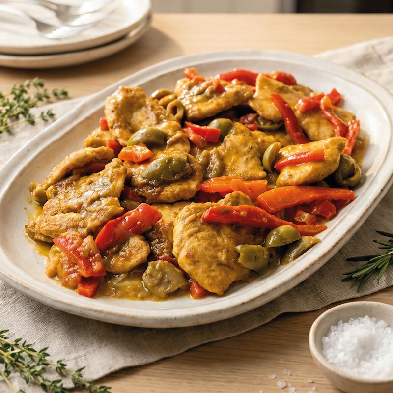 Hähnchenbrust mit Paprika und Oliven, abgelöscht mit Bier