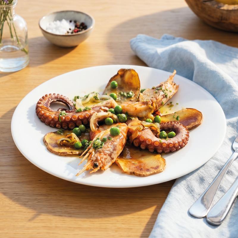 Oktopus und Riesengarnelen mit Kartoffeln und Erbsen