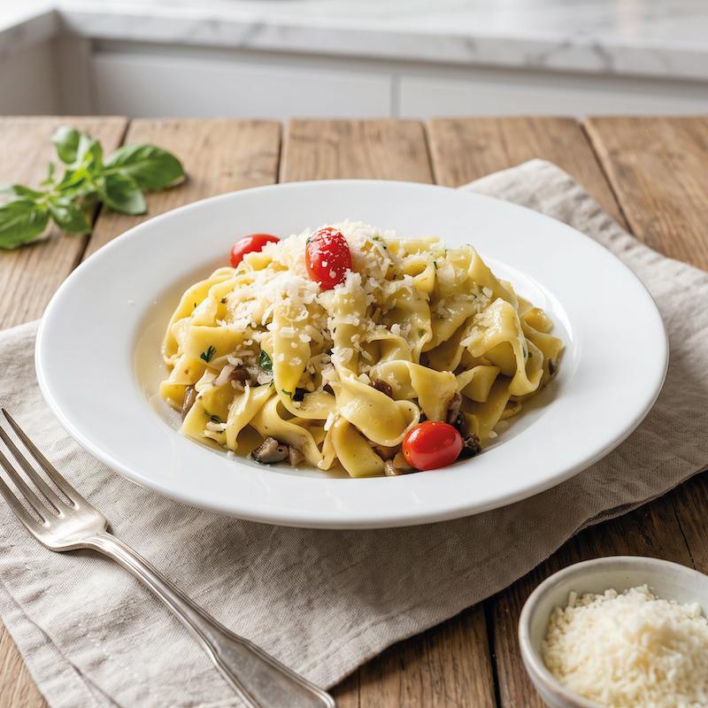 Tagliatelle ai funghi e pomodorini
