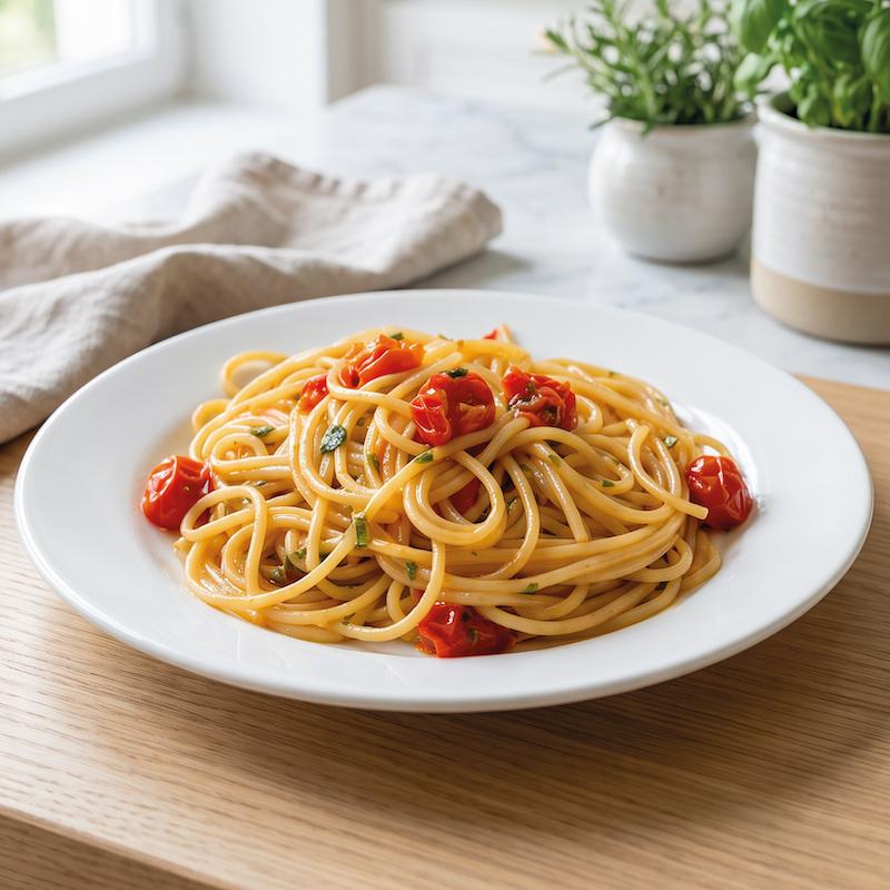 Spaghetti con acciughe e pomodorini ciliegino