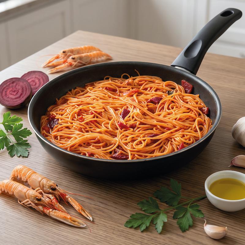 Pasta alla rapa rossa e code di scampi